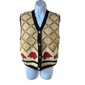 Theo Miles Floral Knit Sweater Vest Button Front Rose Cottagecore Sz Large NWT